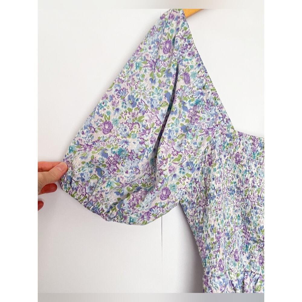 Entro Smocked Floral Maxi Dress Square Neck Layered Ruffle Blue Green Size Large - Picture 5 of 16
